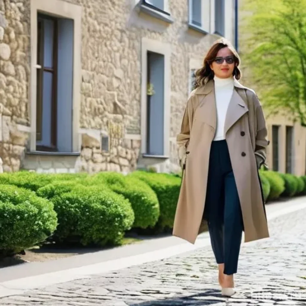 룩셈부르크 계절별 옷차림 - **Spring Layers in Luxembourg City:** A stylish woman in her late 20s to early 30s is walking gracef...
