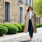 Home 13 룩셈부르크 계절별 옷차림 - **Spring Layers in Luxembourg City:** A stylish woman in her late 20s to early 30s is walking gracef...