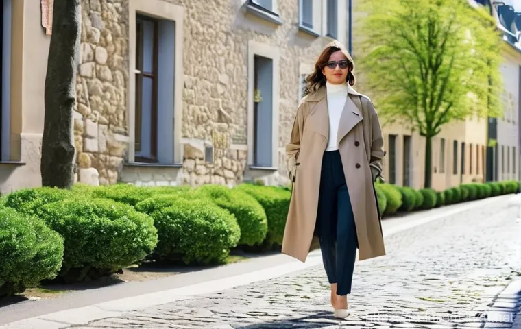 룩셈부르크 계절별 옷차림 - **Spring Layers in Luxembourg City:** A stylish woman in her late 20s to early 30s is walking gracef...