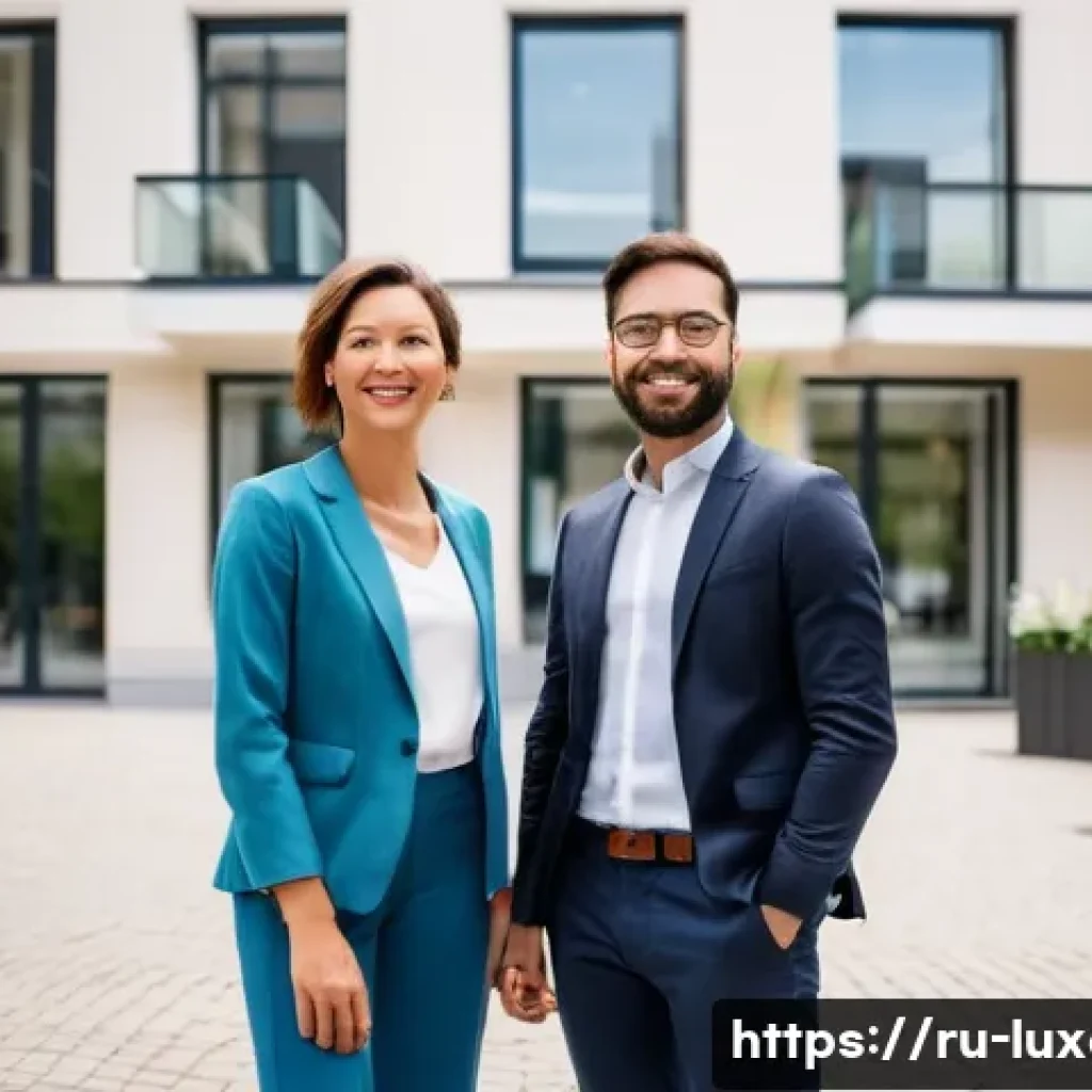 룩셈부르크에서 집 구매하는 방법 - A diverse, professional couple in their 30s stands on a sunny street in a modern, upscale neighborho...