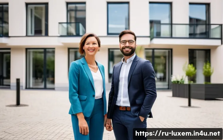 룩셈부르크에서 집 구매하는 방법 - A diverse, professional couple in their 30s stands on a sunny street in a modern, upscale neighborho...