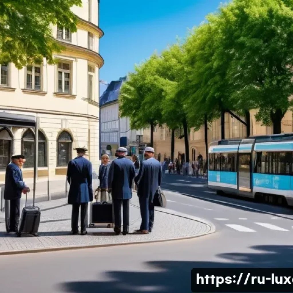 룩셈부르크에서 택시 타는 법 - A busy Luxembourg city center taxi stand during daytime, showing a diverse group of polite passenger...
