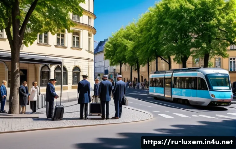 룩셈부르크에서 택시 타는 법 - A busy Luxembourg city center taxi stand during daytime, showing a diverse group of polite passenger...