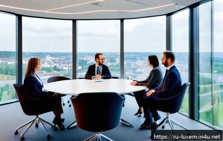 룩셈부르크 기업 취업 팁 - A professional multicultural office scene in Luxembourg featuring a diverse group of businesspeople ...