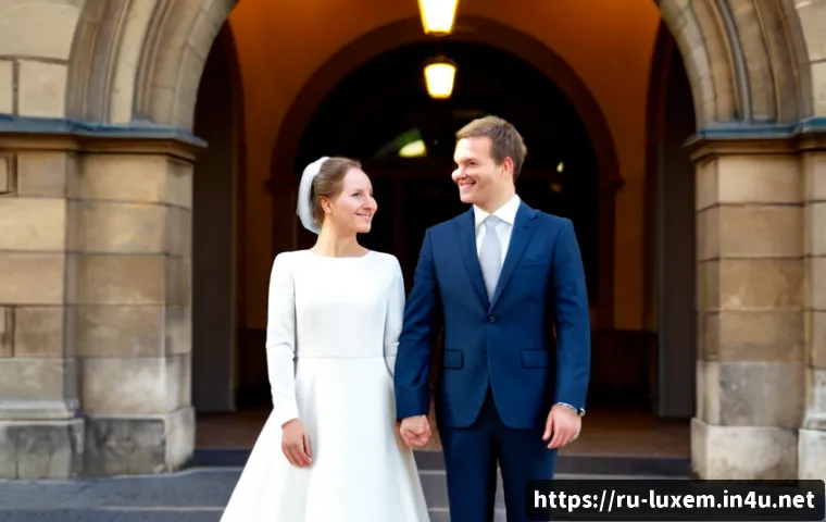룩셈부르크에서 결혼하면 좋은 이유 - Photorealistic elegant civil wedding in Luxembourg City, a happy Russian-speaking couple in formal a...